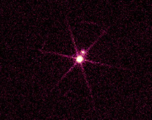 The Chandra X-ray image of Sirius A & B, a double star system located 8.6 light years from Earth, shows a bright source and a dim source. The central bright source is Sirius B, a dense white dwarf star with a surface temperature of about 25,000 degrees Celsius. The dim source (slightly above and to the right of Sirius B) is Sirius A, a normal star more than twice as massive as the Sun. The spoke-like pattern of light is an instrument artifact due to the transmission grating. The white dwarf, Sirius B, has a mass equal to the mass of the Sun packed into a diameter that is 90% that of the Earth. The gravity on the surface of Sirius B is 400,000 times that of Earth!